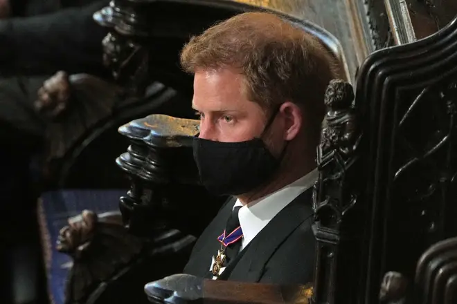 Prince Harry, Duke of Sussex attends the funeral of Prince Philip, Duke of Edinburgh in St George’s Chapel at Windsor Castle