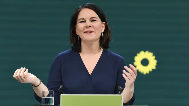 Germany’s Green party co-leader Annalena Baerbock gives a speech during a digital announcement event in Berlin, Germany, where the party presented her as top candidate for chancellor
