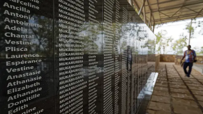 The names of those who were slaughtered as they sought refuge are written on a memorial to the thousands who were killed in and around the Catholic church during the 1994 genocide in Ntarama, Rwanda