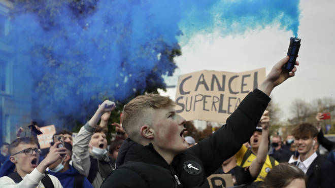 Chelsea fans demonstrating outside Stamford Bridge amid European Super League protests