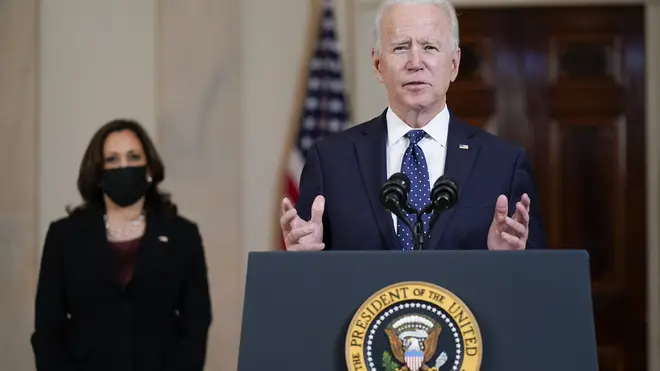 President Joe Biden, accompanied by Vice President Kamala Harris, addresses the nation from the White House after the George Floyd verdict