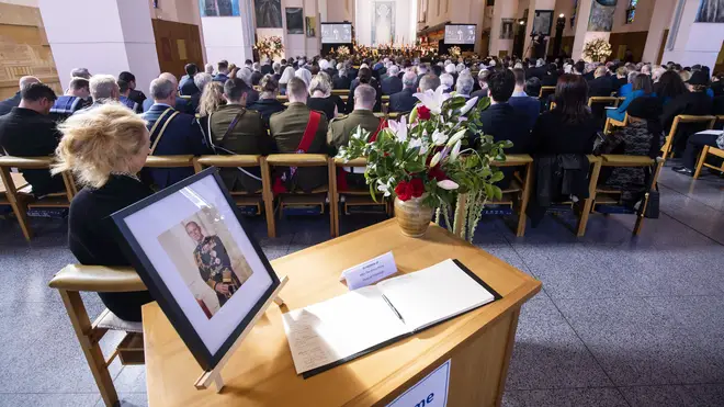 A portrait of Philip is displayed during a national memorial service in Wellington,