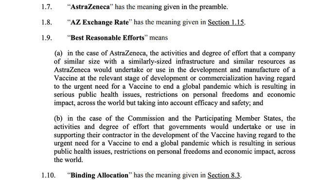 The AstraZeneca-EU contracts state the company will make its 'best reasonable effort' to produce the Covid-19 jab.