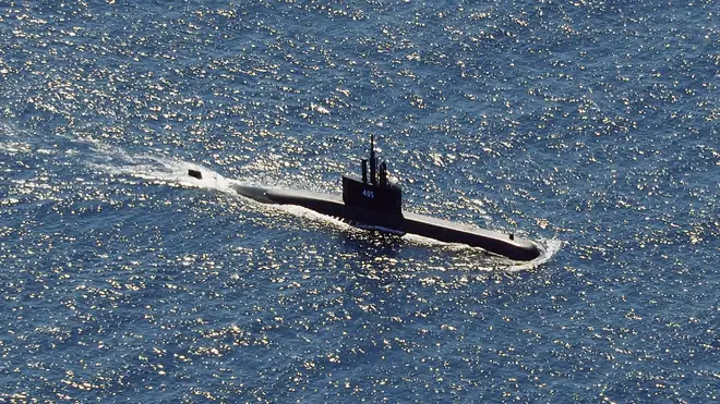 Indonesian Navy submarine KRI Alugoro sails during a search for KRI Nanggala