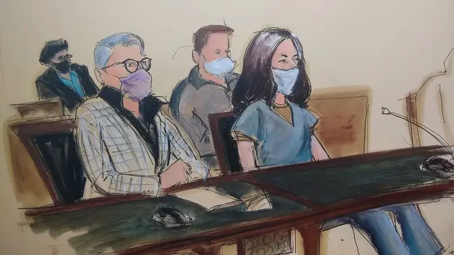 A sketch of Ghislaine Maxwell, far right, in court in New York