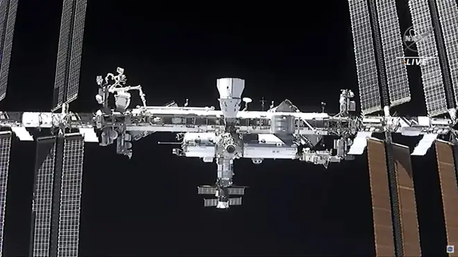 The ISS as seen from the SpaceX Crew Dragon spacecraft Saturday, April 24, 2021.