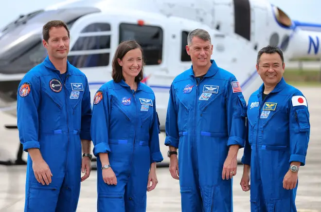 European Space Agency astronaut Thomas Pesquet, NASA astronauts Megan McArthur, Shane Kimbrough, and Japanese astronaut Akihiko Hoshide