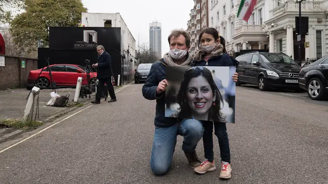 Richard Ratcliffe and his daughter Gabriella (6) protest outside the Embassy of Iran in London calling for an immediate release of his wife Nazanin Zaghari-Ratcliffe