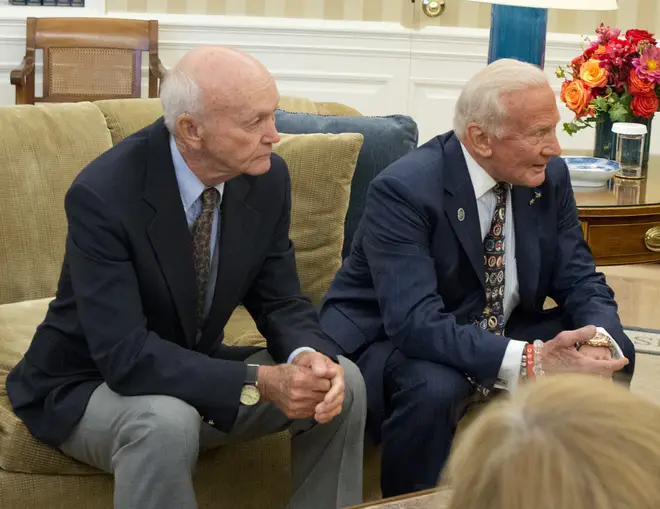 Surviving Apollo 11 astronauts Michael Collins and Edwin "Buzz" Aldrin meet United States President Barack Obama in 2014