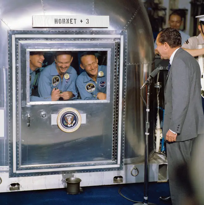 (left to right) Neil Armstrong, Michael Collins, and Buzz Aldrin, meet US President Nixon shortly after landing