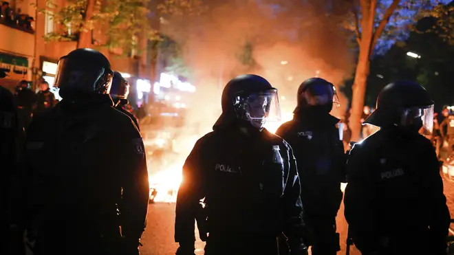 Police officers during a May Day rally in Berlin