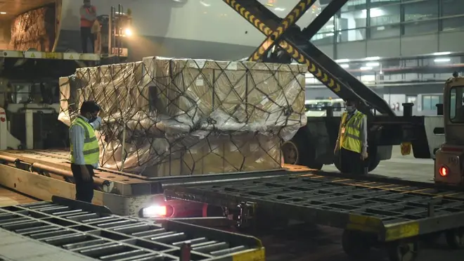 A shipment of ventilators arrives in India from the UK earlier this week
