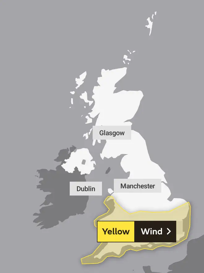 Yellow wind warnings are in place for much of Wales and southern England from midday Monday to 9am Tuesday.
