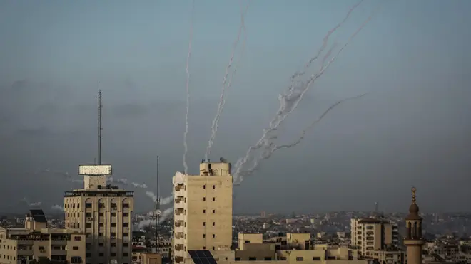 Rockets are fired by Hamas from Gaza City towards Israel