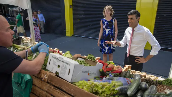 The Chancellor of the Exchequer Rishi Sunak visiting Tachbrook Market in Westminster (Simon Walker/PA)