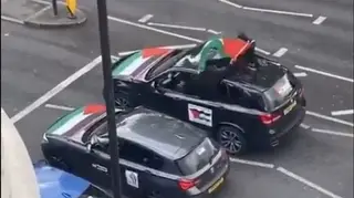 Footage on social media showed a convoy of cars covered with Palestinian flags passing down Finchley Road, in north London, with passengers heard to shout offensive language and threats against Jews