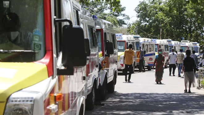 Ambulances carrying Covid-19 patients waiting at a hospital in India
