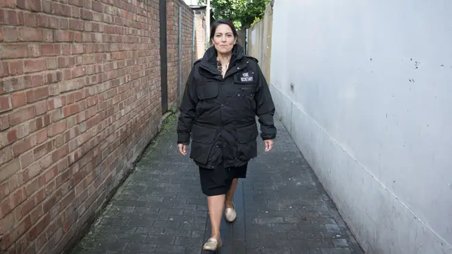 Home Secretary Priti Patel during a National Crime Agency operation at address in east London yesterday