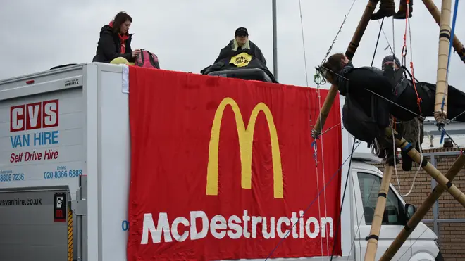 Animal Rebellion said they intend to remain at the sites for at least 24 hours, causing "significant disruption" to the McDonald's supply chain