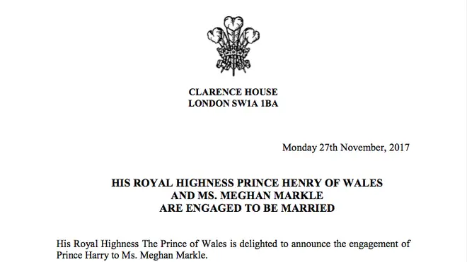 The wedding announcement of Prince Harry and Meghan Markle