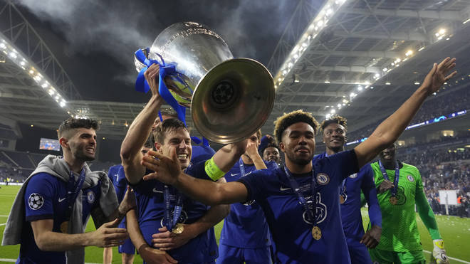 Chelsea players paraded with the 'Big Ears' Champions League trophy after the game