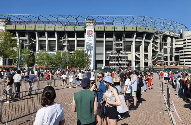The queue at Twickenham Stadium this afternoon as people turned up for jabs