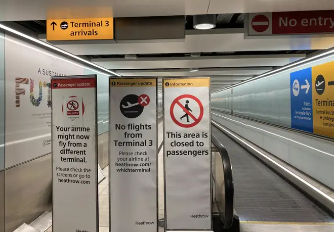 Arrivals at “red list” Terminal 3 at Heathrow Airport is now blocked off