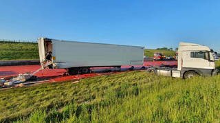 The collision left a sea of tomato purée across the A14 in Cambridgeshire