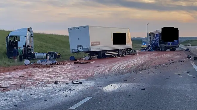 Tomato puree spilled out onto the section of the A14 after a lorry crash on Tuesday evening
