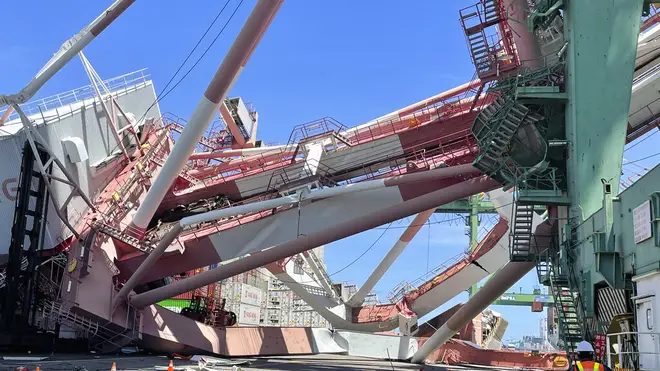 A massive crane toppled over at a port in Taiwan