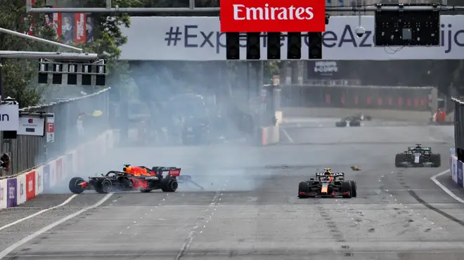 Max Verstappen crashed out of the lead of the Azerbaijan Grand with just five laps remaining following a horror tyre failure at 200mph