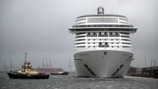 MSC Virtuosa preparing to depart the Port of Southampton on its first cruise since the easing of restrictions