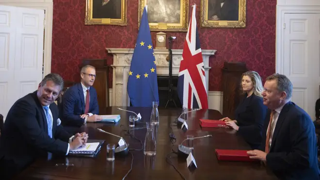 Brexit minister Lord Frost, flanked by Penny Mordaunt, sitting opposite Maros Sefcovic and Richard Szostak