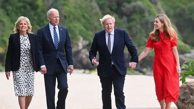 Boris Johnson, Joe Biden, Carrie Symonds and Dr Jill Biden were pictured in Carbis Bay in Cornwall.