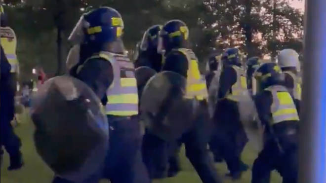 Police in riot gear were seen near the London Eye on Saturday night