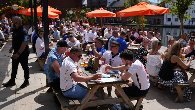 England fans at the Canal House pub in Birmingham as they watch the match between England and Croatia (Jacob King/PA)