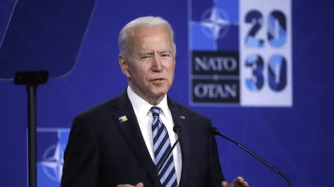 US President Joe Biden speaks during a media conference during a Nato summit in Brussels (Olivier Hoslet, Pool via AP)