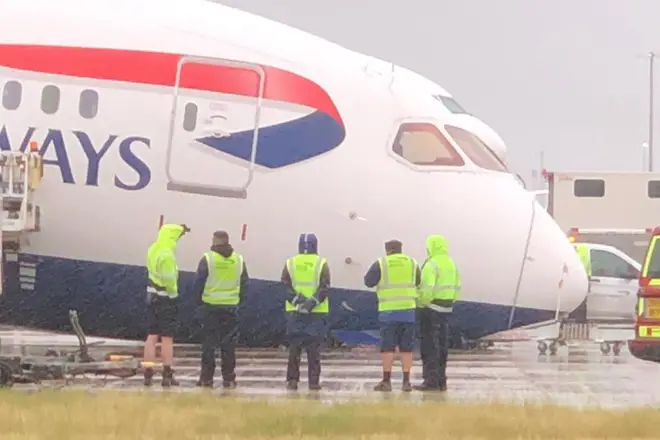The nose of a British Airways freighter plane collapsed at Heathrow Airport