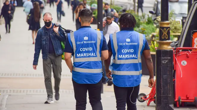 Covid marshals on patrol in central London. Figures released today show a 79pc rise in cases of the Delta variant
