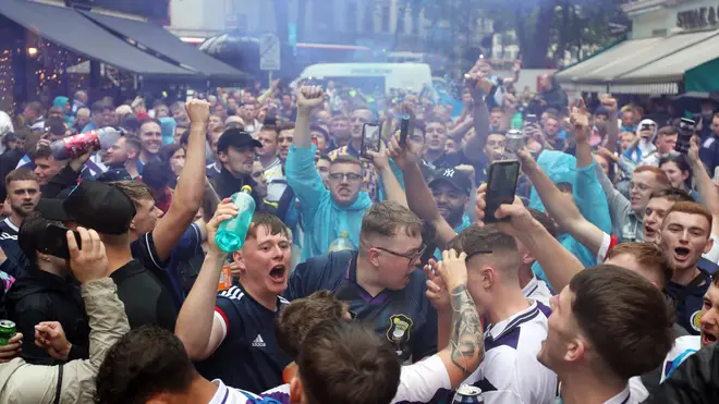 Football fans gathered in Leicester Square in the lead up to the Euro 2020 game.