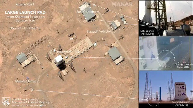 An annotated satellite image showing preparations at the Imam Khomeini Spaceport in Iran