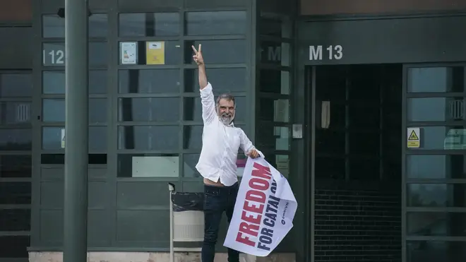 Jordi Cuixart, one of the Catalan leaders imprisoned for their role in the 2017 push for an independent Catalan republic, outside Lledoners prison near Barcelona in Spain on Wednesday