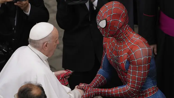 Pope Francis meets 'Spider-Man' at his weekly audience at the Vatican