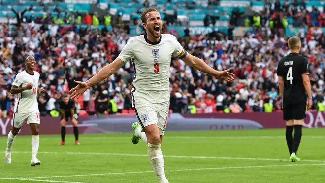 Harry Kane celebrates after scoring England's second goal
