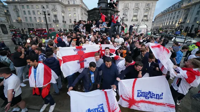 England fans in Piccadilly Circus on Tuesday evening