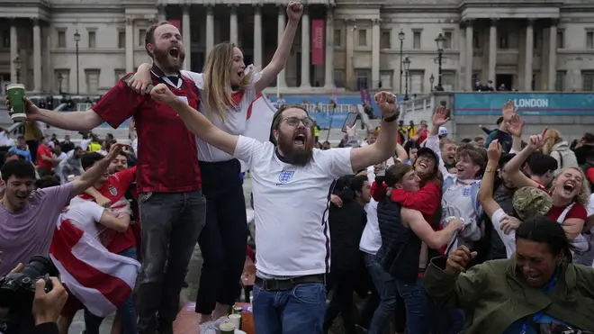 England fans in jubilant mood in Trafalgar Square