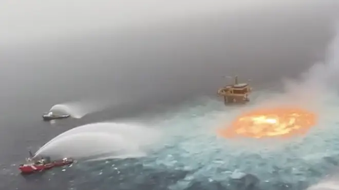 Dramatic footage shows the boats extinguishing the fire