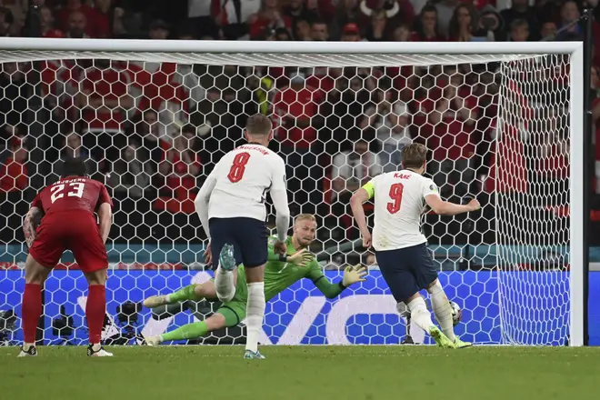 Harry Kane saw his penalty saved by Kasper Schmeichel but he scored the followup.
