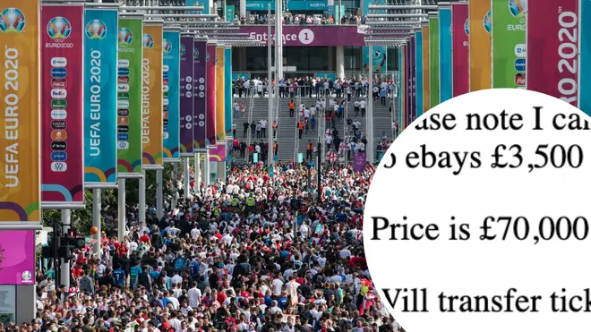 Euro 2020 final tickets to see England v Italy at Wembley are being sold for £70,000 per pair on eBay.