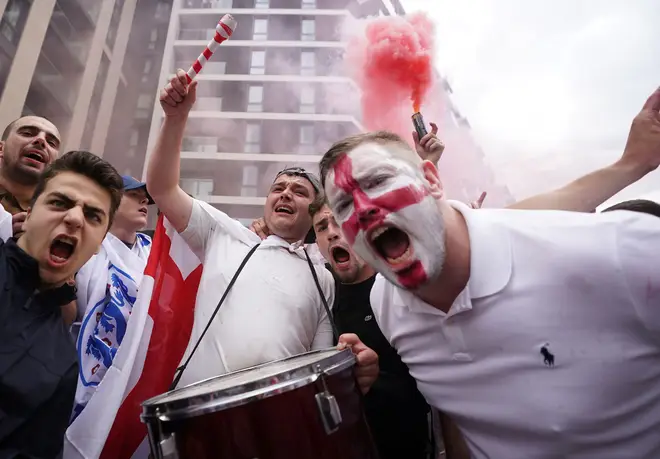 Fans gathered in central London roar England on